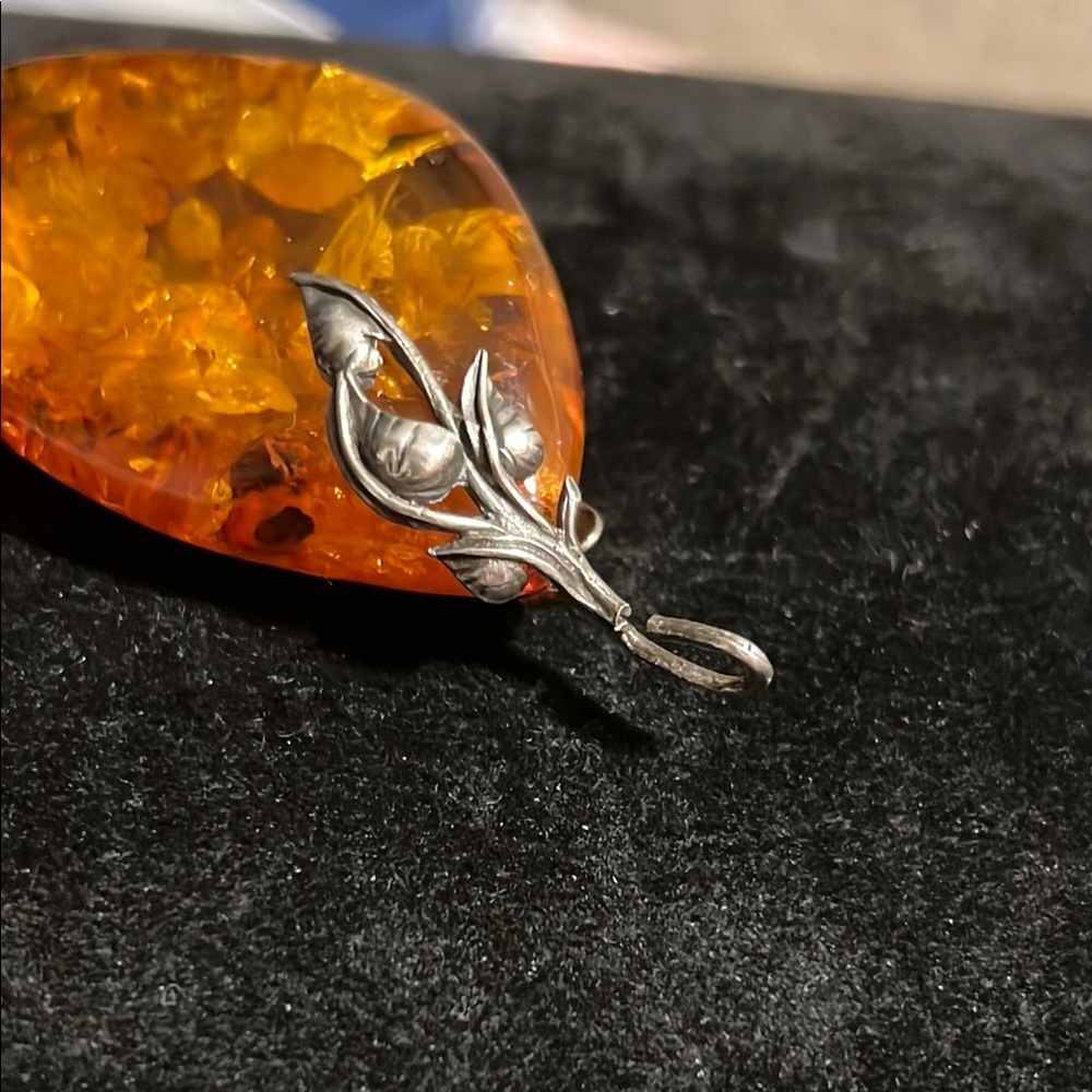 COPY - Large Sterling and Amber Pendant with Leaf Accent - Picture 4 of 7